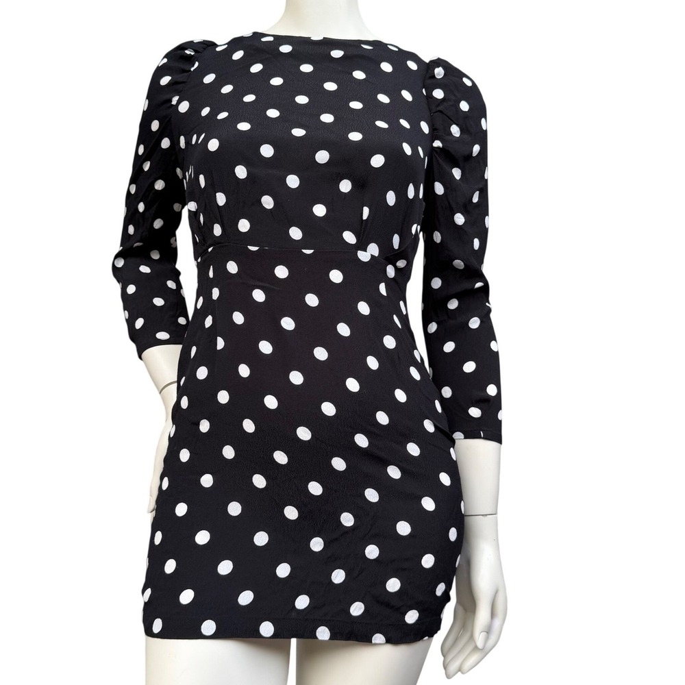 H&M Polka Dot Mini Dress Puff Sleeve Open Back Retro Mod Chic Black White Size 0